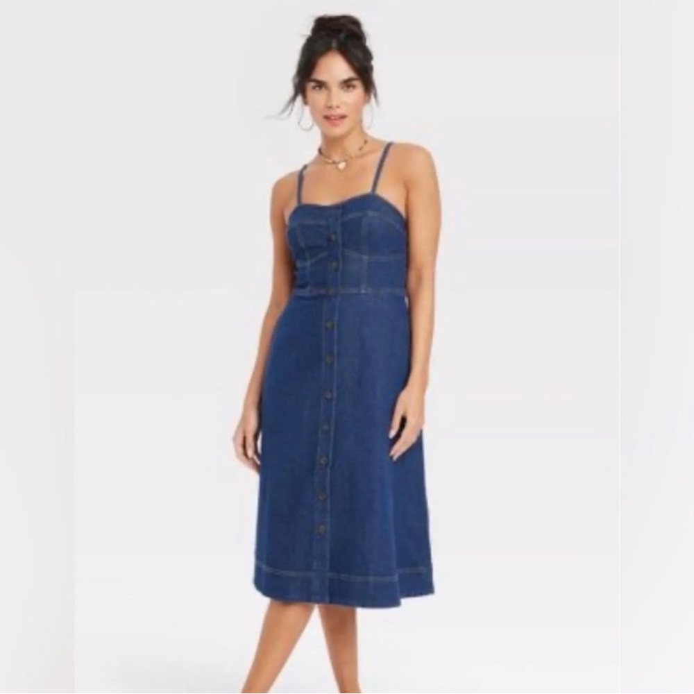 Denim Button-Front Midi Dress - Blue